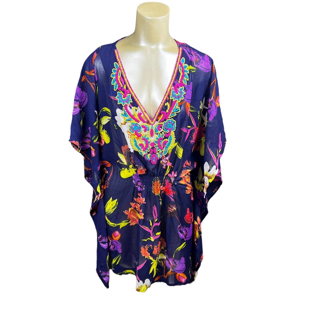 Rise and bloom boho beaded floral kimono top or cover up small